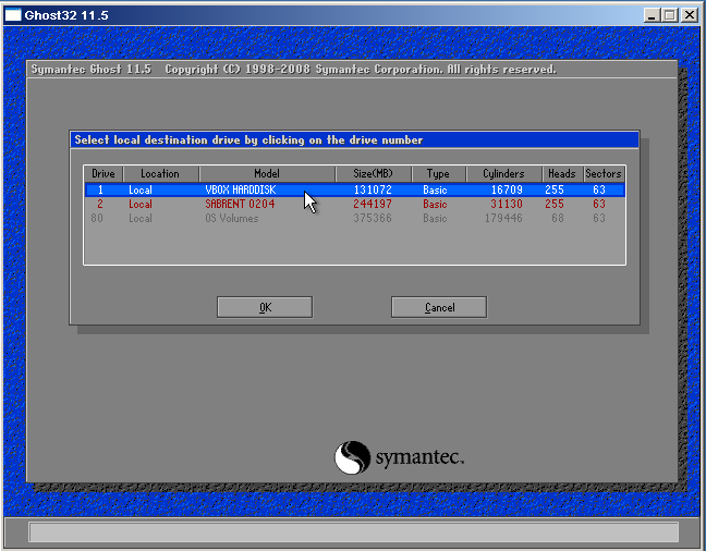 Ghost destination disk selection