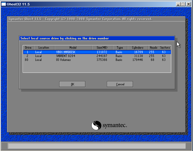 Ghost disk selection screen showing available drives
