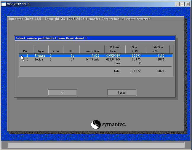 Ghost partition selection screen
