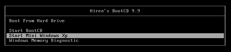 HBCD boot menu showing various options