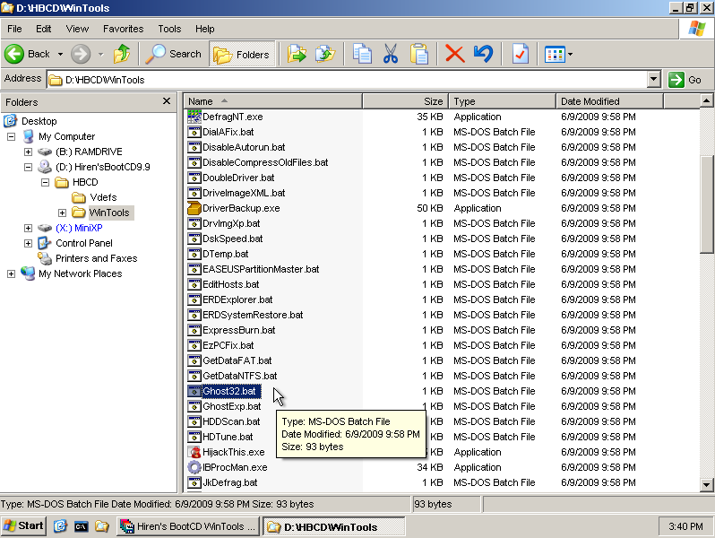 HBCD software list with Norton Ghost selected
