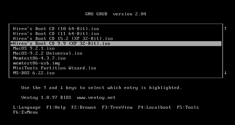 Ventoy boot menu showing multiple ISO options