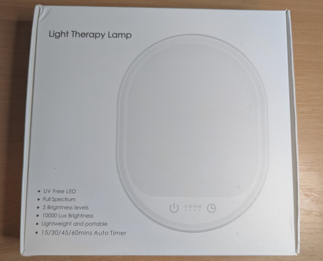 SAD lamp box showing specs